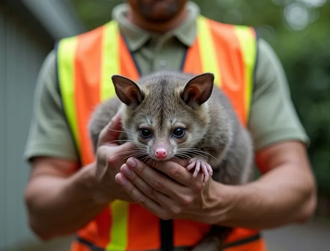 Animal handler safely recovering a deceased possum in Koo Wee Rup